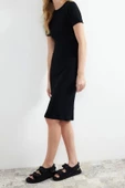 Yeni Slim Casual Günlük Rejenere Kaşkorse Örme Bisiklet Yaka Kısa Kol Bodycone Midi Boy Elbise - 4