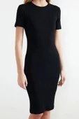 Yeni Slim Casual Günlük Rejenere Kaşkorse Örme Bisiklet Yaka Kısa Kol Bodycone Midi Boy Elbise - 1