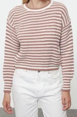 Kadın Moda Şık Bisiklet Yaka Standart Kol Crop Çizgili Triko Kazak - 1