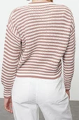 Kadın Moda Şık Bisiklet Yaka Standart Kol Crop Çizgili Triko Kazak - 5