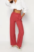Kadın Yeni Moda Geniş Paça Uzun Boy Dokuma Düz Kesim Pantolon - 3
