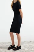 Yeni Slim Casual Günlük Rejenere Kaşkorse Örme Bisiklet Yaka Kısa Kol Bodycone Midi Boy Elbise - 2