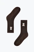 Kahverengi Nakışlı Ayıcık Desenli Uzun Soket Çorap - 1