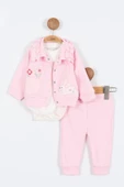 Tavşan Çiçek Desenli Çıtçıtlı Pamuklu Zıbın Uzun Kol Kız Bebek 3'lü Takım Alt Üst Kız Bebek Takım - 3
