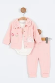 Tavşan Çiçek Desenli Çıtçıtlı Pamuklu Zıbın Uzun Kol Kız Bebek 3'lü Takım Alt Üst Kız Bebek Takım - 4