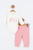 Tavşan Çiçek Desenli Çıtçıtlı Pamuklu Zıbın Uzun Kol Kız Bebek 3'lü Takım Alt Üst Kız Bebek Takım - 6