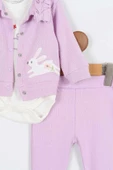 Tavşan Çiçek Desenli Çıtçıtlı Pamuklu Zıbın Uzun Kol Kız Bebek 3'lü Takım Alt Üst Kız Bebek Takım - 10