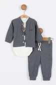 Sevimli Ayı Desenli Düğmeli Pamuklu Zıbın Uzun Kol Erkek Bebek 3'lü Takım Alt Üst Erkek Bebek Takım - 1
