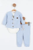 Sevimli Ayı Desenli Düğmeli Pamuklu Zıbın Uzun Kol Erkek Bebek 3'lü Takım Alt Üst Erkek Bebek Takım - 2
