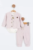 Sevimli Ayı Desenli Düğmeli Pamuklu Zıbın Uzun Kol Erkek Bebek 3'lü Takım Alt Üst Erkek Bebek Takım - 4