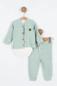 Sevimli Ayı Desenli Düğmeli Pamuklu Zıbın Uzun Kol Erkek Bebek 3'lü Takım Alt Üst Erkek Bebek Takım - 3