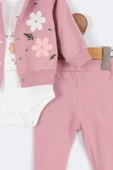 Çiçek Desenli Çıtçıtlı Kapşonlu Pamuklu Zıbın Uzun Kol Kız Bebek 3'lü Takım Alt Üst Kız Bebek Takım - 5