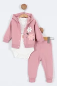 Çiçek Desenli Çıtçıtlı Kapşonlu Pamuklu Zıbın Uzun Kol Kız Bebek 3'lü Takım Alt Üst Kız Bebek Takım - 1