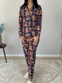 Kadın Teddy Bear Ayıcık Desenli Süet Düğmeli Pijama Takımı (Lacivert-Kırmızı) thumbnail 4