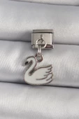 316L Çelik Gümüş Renk Sallantı Beyaz Kuğu Model Nomination Charm - TJ-BC1160 - 1
