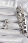 316L Çelik Gümüş Renk Sallantı Beyaz Kuğu Model Nomination Charm - TJ-BC1160 - 2