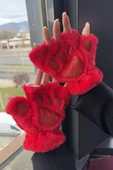 Mars Baby Parmaksız Patili Simli Kırmızı Peluş Eldiven - 1
