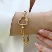 Kalp Apm Zirkon Taşlı Gold Gümüş Bileklik thumbnail 8