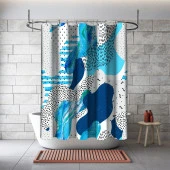 Banyo Duş Perdesi Tasarım Dekor Soyut Şekilli Mavi Beyaz Gri Dijital Baskılı En 175 cm - 2