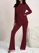 Kadın Uzun Kollu Yuvarlak Yaka Yandan Yırtmaç Detaylı şardonlu Kaşkorse Bluz Ve Pantolon Ikili Takım thumbnail 2