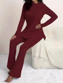 Kadın Uzun Kollu Yuvarlak Yaka Yandan Yırtmaç Detaylı şardonlu Kaşkorse Bluz Ve Pantolon Ikili Takım thumbnail 4