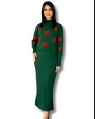 Kadın Fiyonk Desenli Kazaklı Elbise(Yeşil) - 1