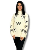 Kadın Krem Yarım Balıkçı Yaka Fiyonk Desenli Kazak thumbnail 1