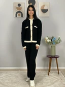Kadın Gold Düğmeli Siyah Beyaz Şeritli Triko Takım(Siyah) thumbnail 2