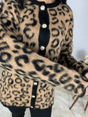 Kadın Siyah Kahverengi Leopar Desenli Uzun Sakallı Triko Hırka thumbnail 3