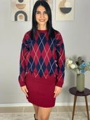 Kadın Baklava  Desenli Etekli Alt Üst Triko Takım(Bordo) thumbnail 2