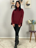 Kadın Bordo Pinterest Model Kol Yırtmaçlı Balıkçı Yaka Triko Kazak thumbnail 6