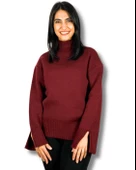 Kadın Bordo Pinterest Model Kol Yırtmaçlı Balıkçı Yaka Triko Kazak thumbnail 1