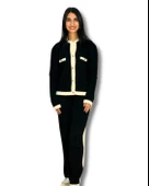 Kadın Gold Düğmeli Siyah Beyaz Şeritli Triko Takım(Siyah) thumbnail 1