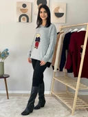 Kadın Teddy Bear Bisiklet Yaka Triko Kazak (Gri) - 6