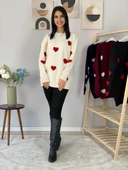 Kadın  Bisiklet Yaka Kalpli Triko Kazak (Krem) thumbnail 5