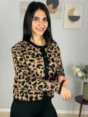 Kadın Siyah Kahverengi Leopar Desenli Kısa Sakallı Triko Hırka thumbnail 5