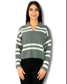 Kadın Polo Yaka Sakallı Triko Crop Kazak(Gri) thumbnail 1