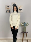 Kadın Krem Pinterest Model Kol Yırtmaçlı Balıkçı Yaka Triko Kazak thumbnail 6