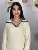 Kadın Çoban Dikişli Rahat Kesim Triko Takım(Beyaz) thumbnail 2