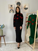Kadın Fiyonk Desenli Kazaklı Elbise(Siyah) - 5