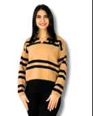 Kadın Polo Yaka Sakallı Triko Crop Kazak(Taş) thumbnail 1