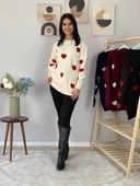 Kadın  Bisiklet Yaka Kalpli Triko Kazak (Krem) thumbnail 3