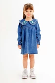 Lacivert Yakası Çiçek Nakışlı Uzun Kol Kız Çocuk Jean Elbise 20116 - 1