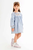 Mavi Çiçek Nakışlı Kolları İşlemeli Kız Çocuk Jean Elbise 20117 - 3