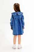 Lacivert Yakası Çiçek Nakışlı Uzun Kol Kız Çocuk Jean Elbise 20116 - 3