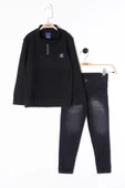 Siyah Fermuar Yakalı Sweatshirt ve Jean Pantolonlu Erkek Çocuk Takım 20107 - 1