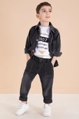 Füme Düğmeli Jean Ceketli Pantolonlu Erkek Çocuk 3lü Takım 20010 - 1