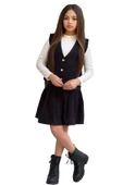 Kız Çocuk Balıkçı Yaka Kazak V Yaka Yelek Kemerli Pliseli Siyah Etekli Takım - 9