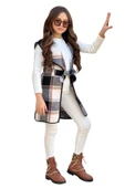 Kız Çocuk Ekose Desenli Yelek Uzun Kol Penye Kazak Beyaz Taytlı Takım - 8
