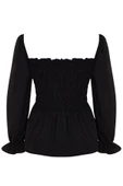 Stil Kadın Gipeli Bluz Crop Dokuma Fitted Kalıp Büyük Beden Büzgülü/Fırfırlı Kol - 3